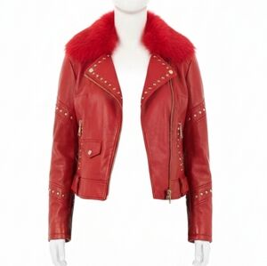 Flo Clo red leather fur studded jacket size 42